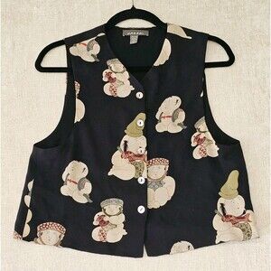 Harari 100% Silk Black Vest with Artistic Print Vintage Medium/Large